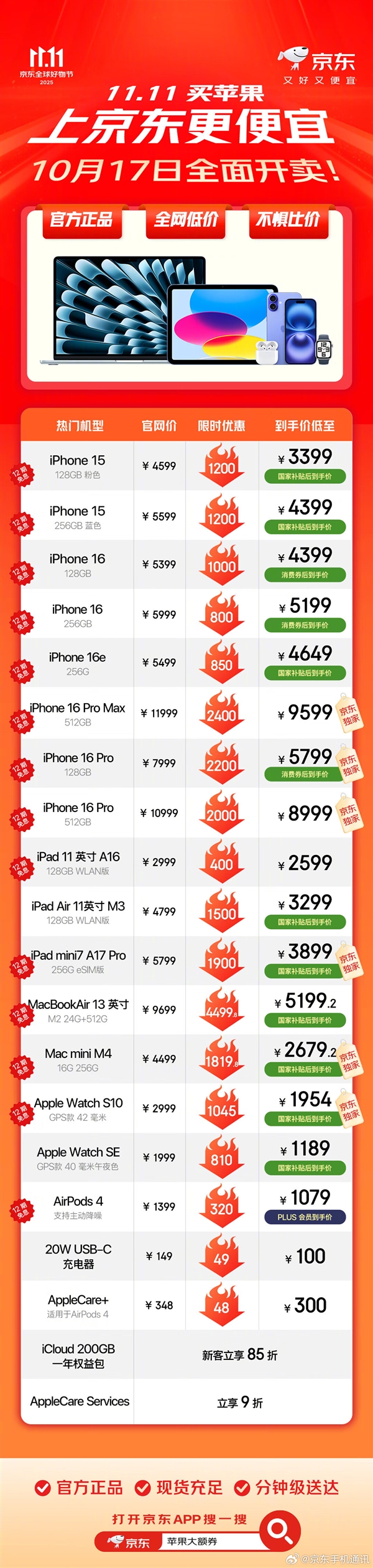 捕魚機:京东苹果双11今日全面开启:iPhone 17/Air全系降价 最高优惠800元